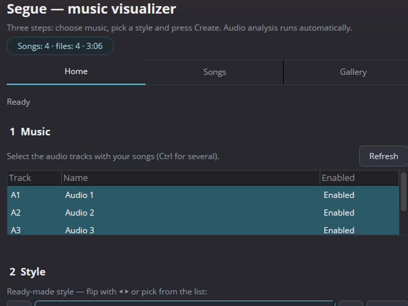 Segue panel in DaVinci Resolve: audio tracks A1–A3 selected