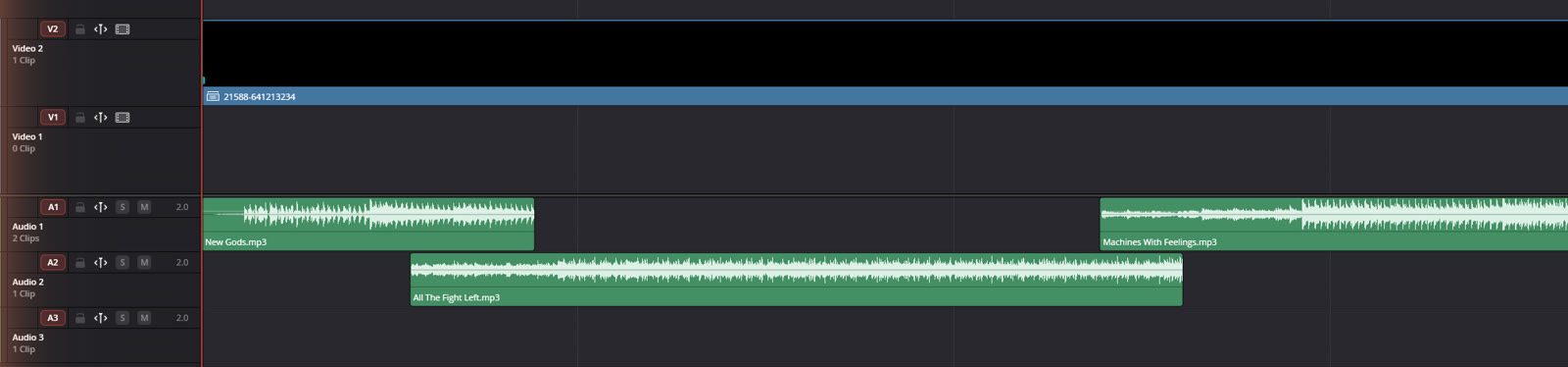DaVinci Resolve timeline with four songs on three audio tracks and the Segue visualizer on a video track above